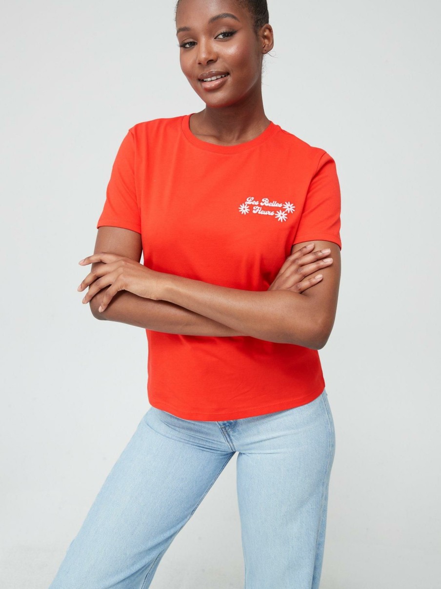 Tops & T-Shirts * | V By Very Les Belle Fleur Bright Embroidered T-Shirt Orange