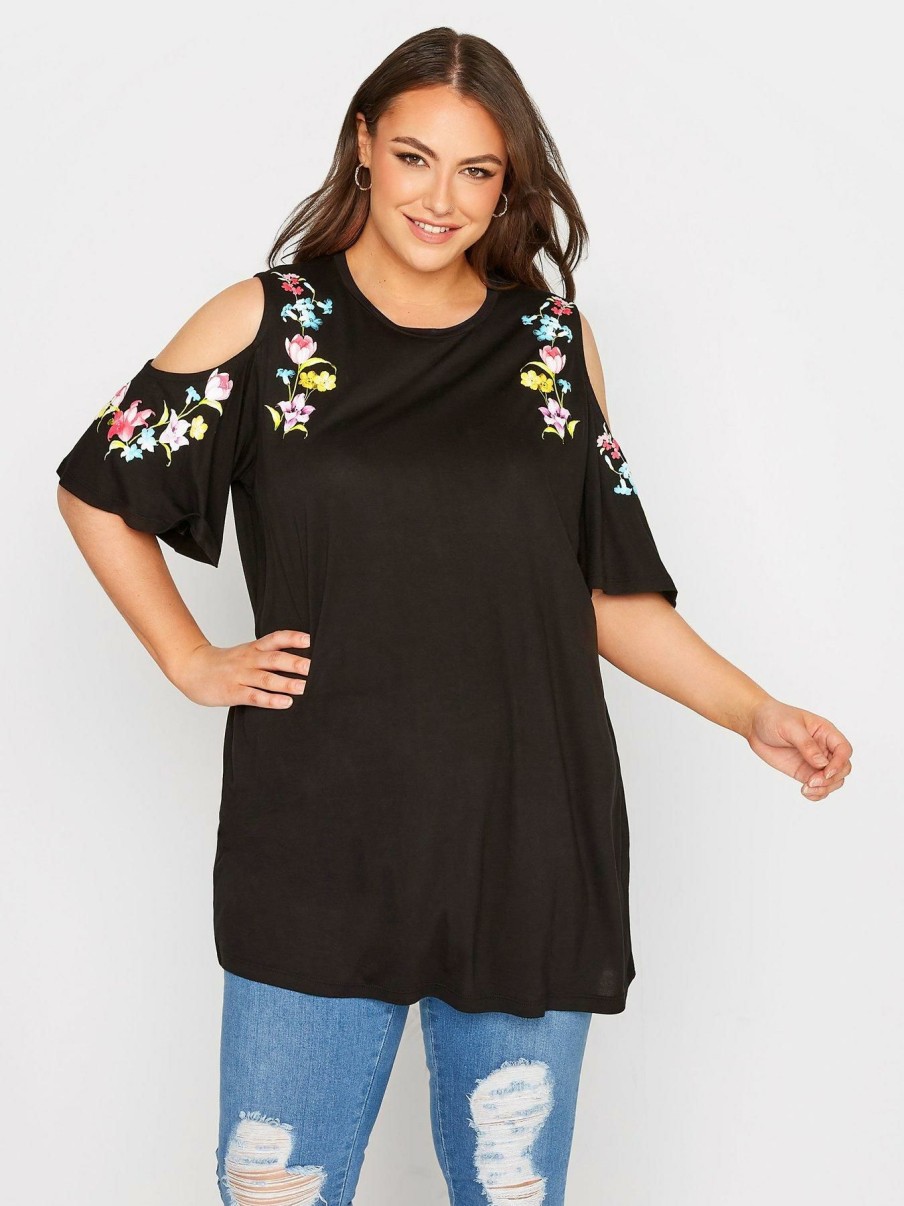 Tops & T-Shirts * | Yours Floral Detail Cold Shoulder Top Black