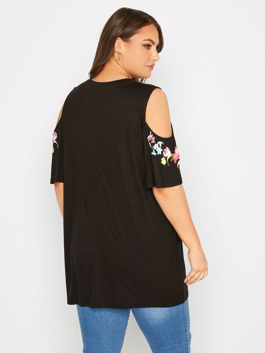 Tops & T-Shirts * | Yours Floral Detail Cold Shoulder Top Black