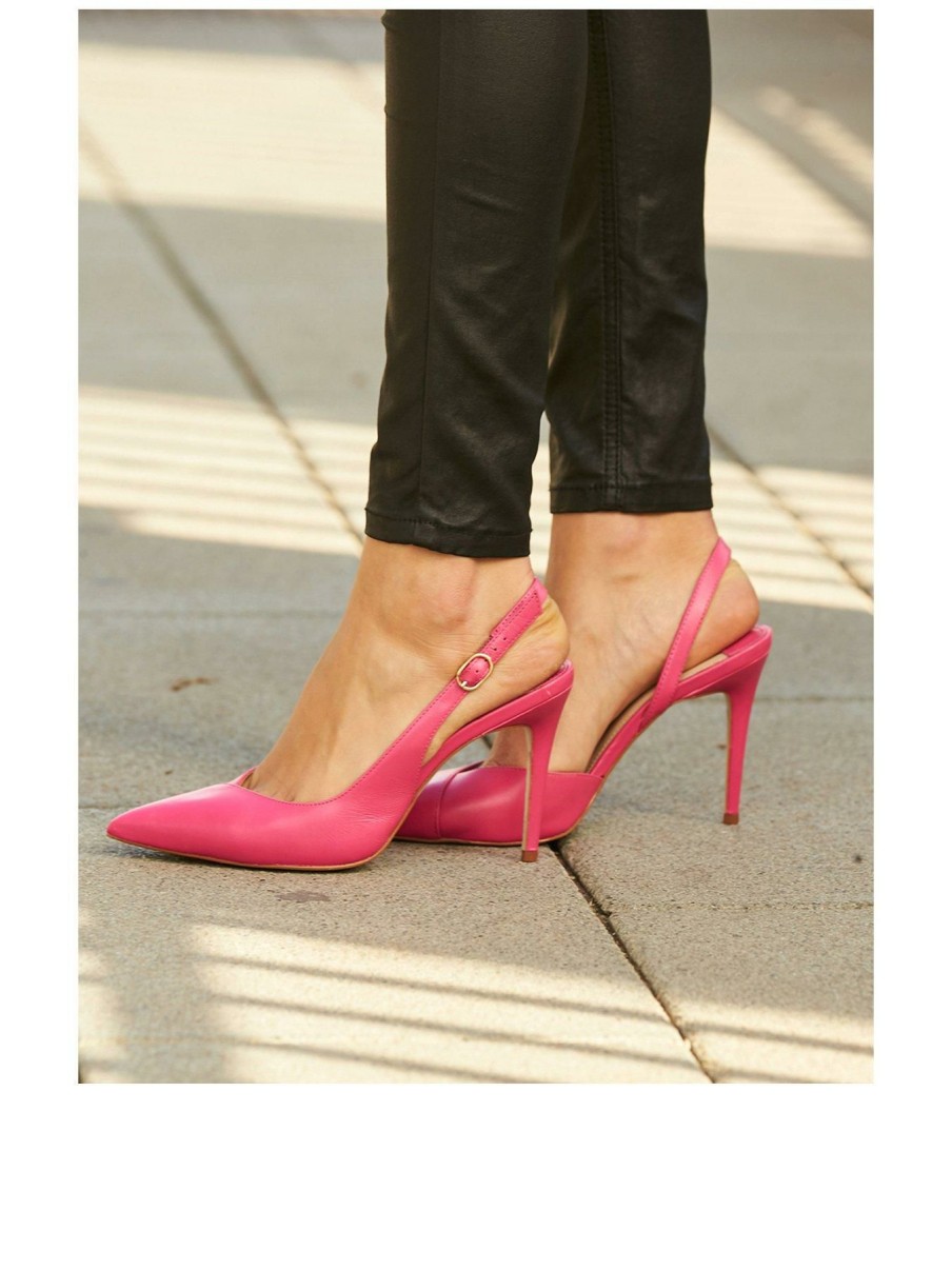 Shoes & Boots * | Sosandar Leather Slingback Court Shoe Hot Pink