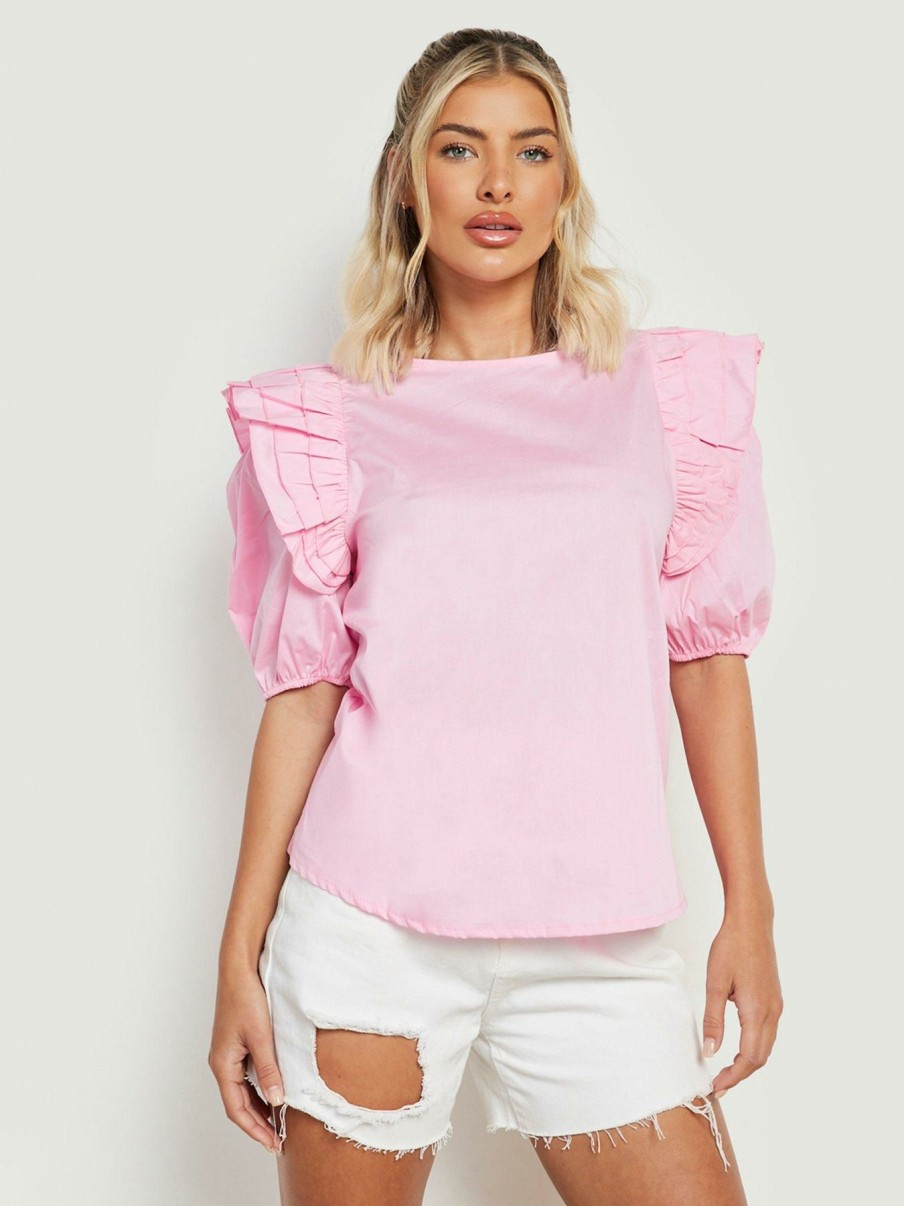 Tops & T-Shirts * | Boohoo Cotton Ruffle Shoulder Top