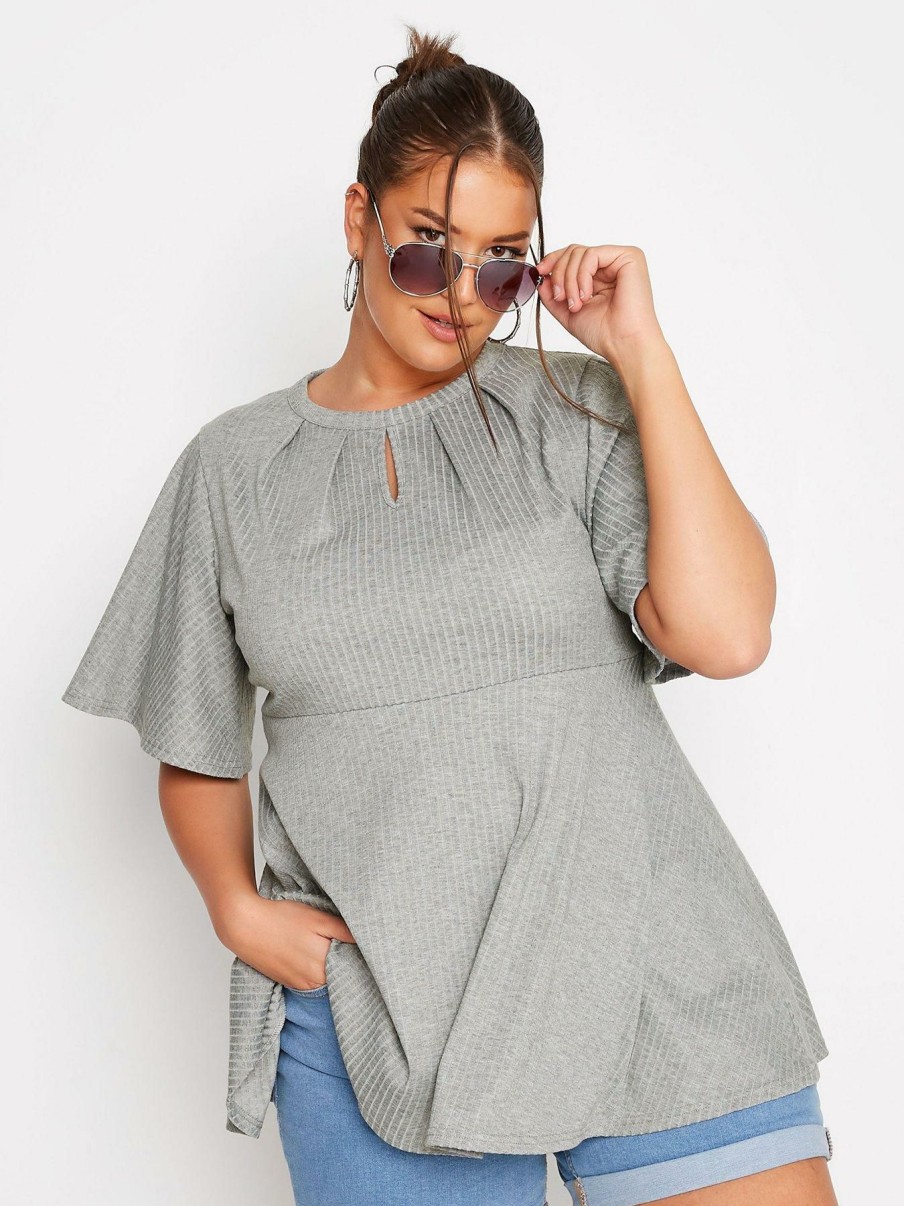 Tops & T-Shirts * | Yours Keyhole Detail Rib Peplum Grey