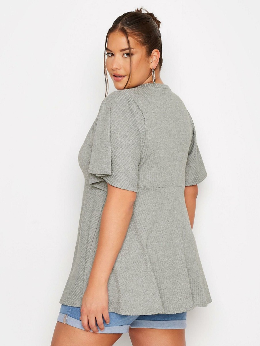 Tops & T-Shirts * | Yours Keyhole Detail Rib Peplum Grey