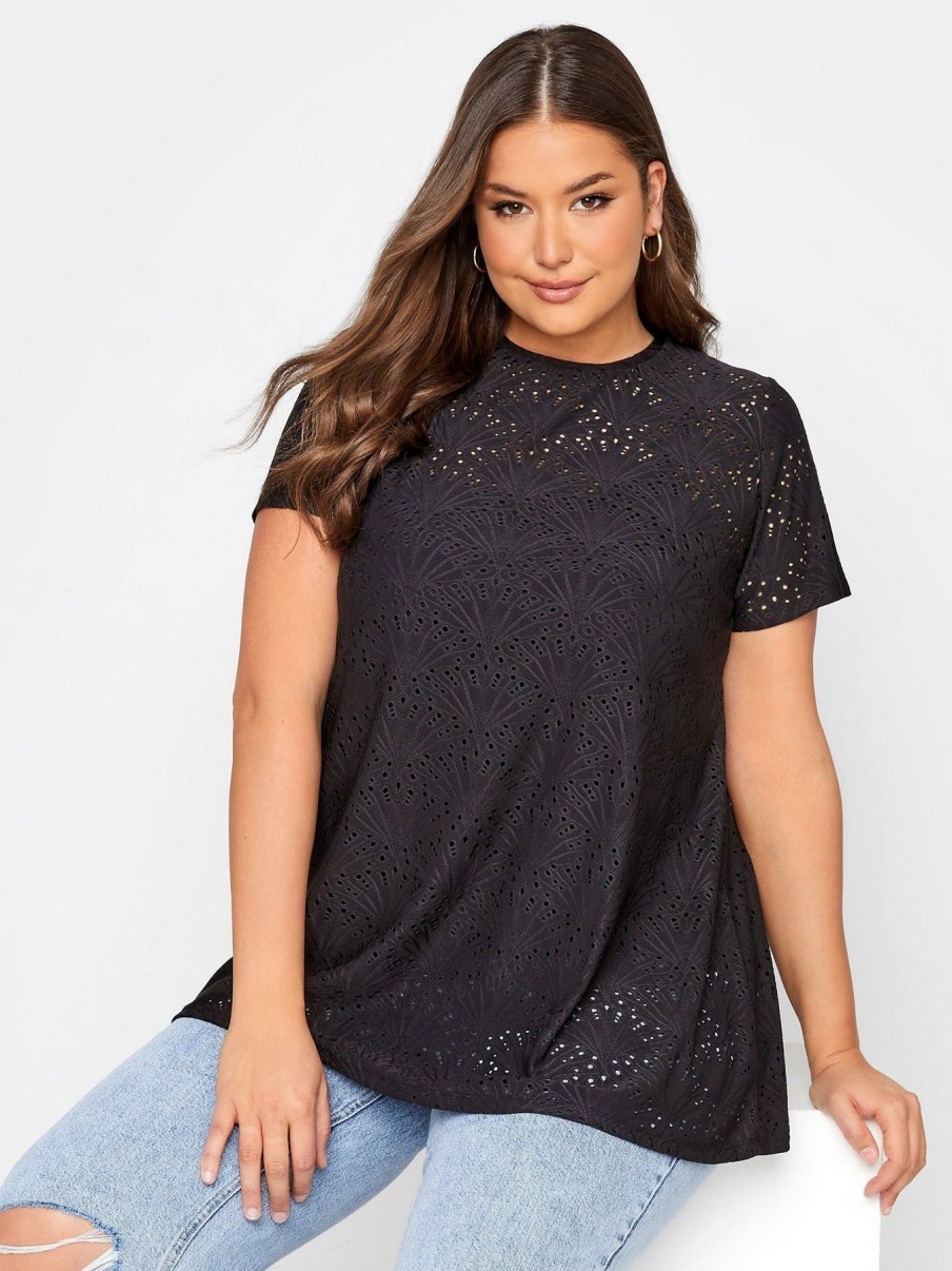 Tops & T-Shirts * | Yours Curve Broidery Swing Tee Black