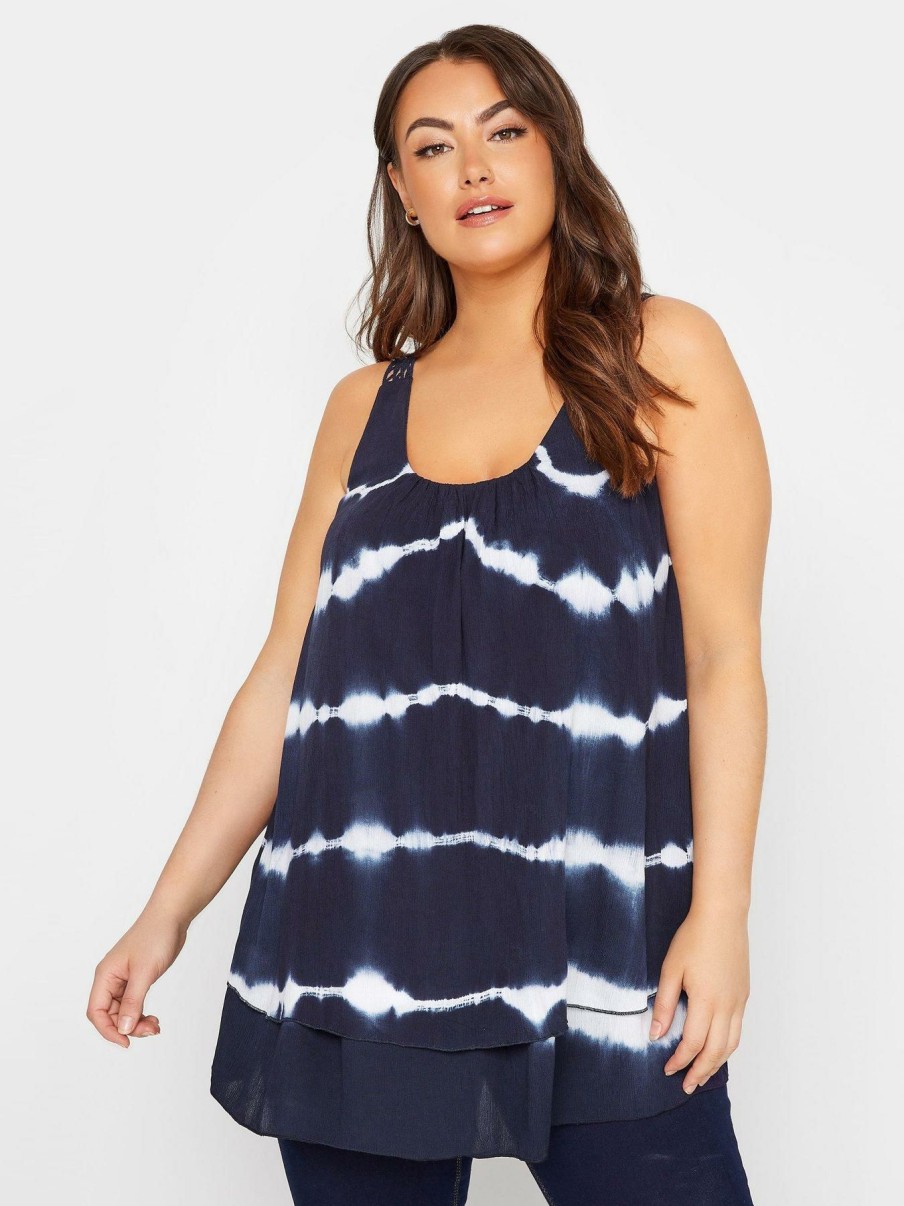 Tops & T-Shirts * | Yours Clothing Crochet Back Tie Dye Vest. Navy