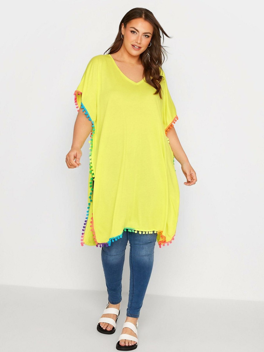 Tops & T-Shirts * | Yours Pom Pom Trim Tunic Top Yellow