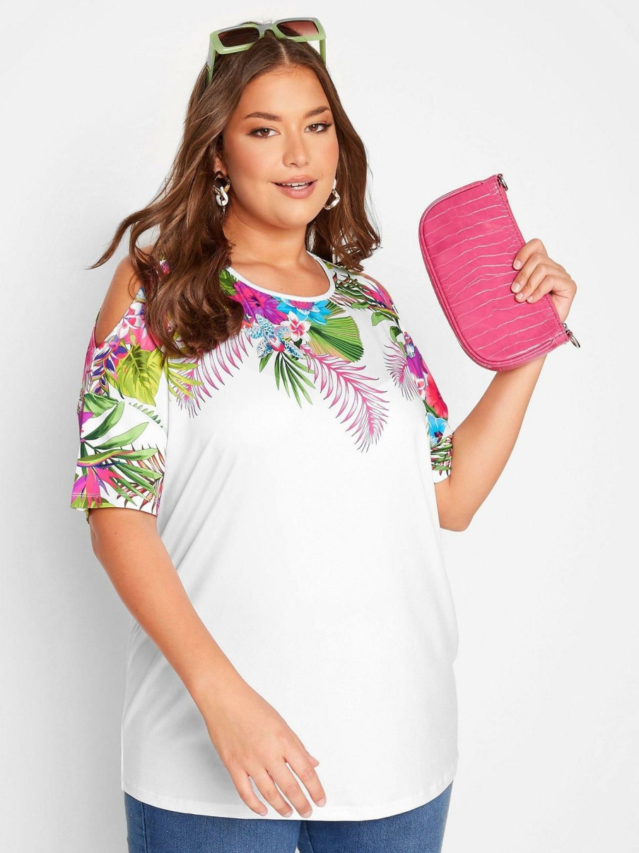 Tops & T-Shirts * | Yours Cold Shoulder Tropical Print Top