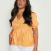 Tops & T-Shirts * | Boohoo Plus Boohoo Plus Gingham Puff Sleeve Ruffle Top Orange