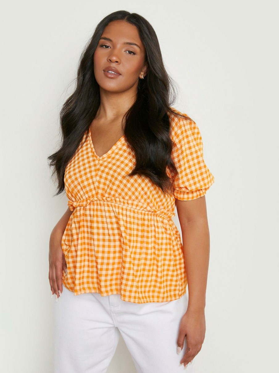 Tops & T-Shirts * | Boohoo Plus Boohoo Plus Gingham Puff Sleeve Ruffle Top Orange