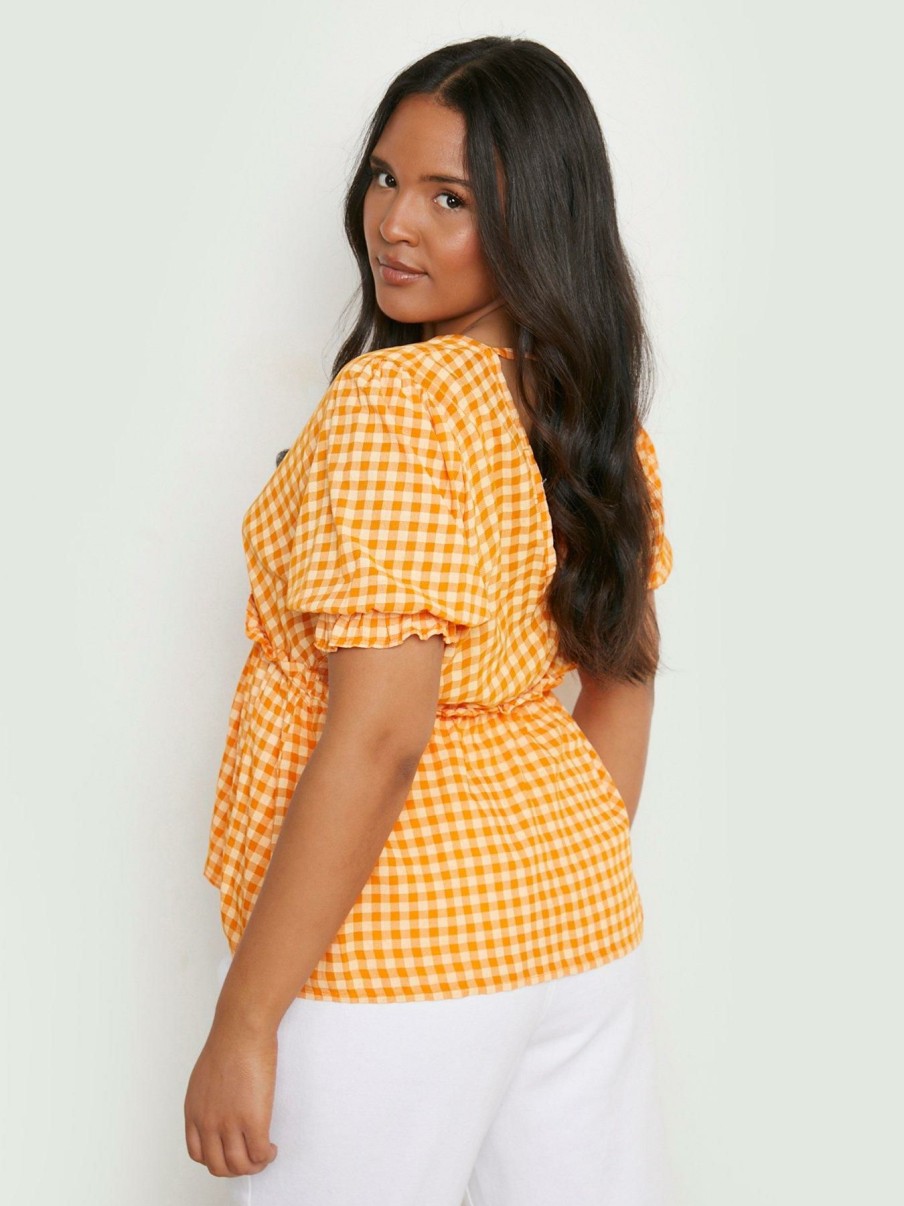 Tops & T-Shirts * | Boohoo Plus Boohoo Plus Gingham Puff Sleeve Ruffle Top Orange