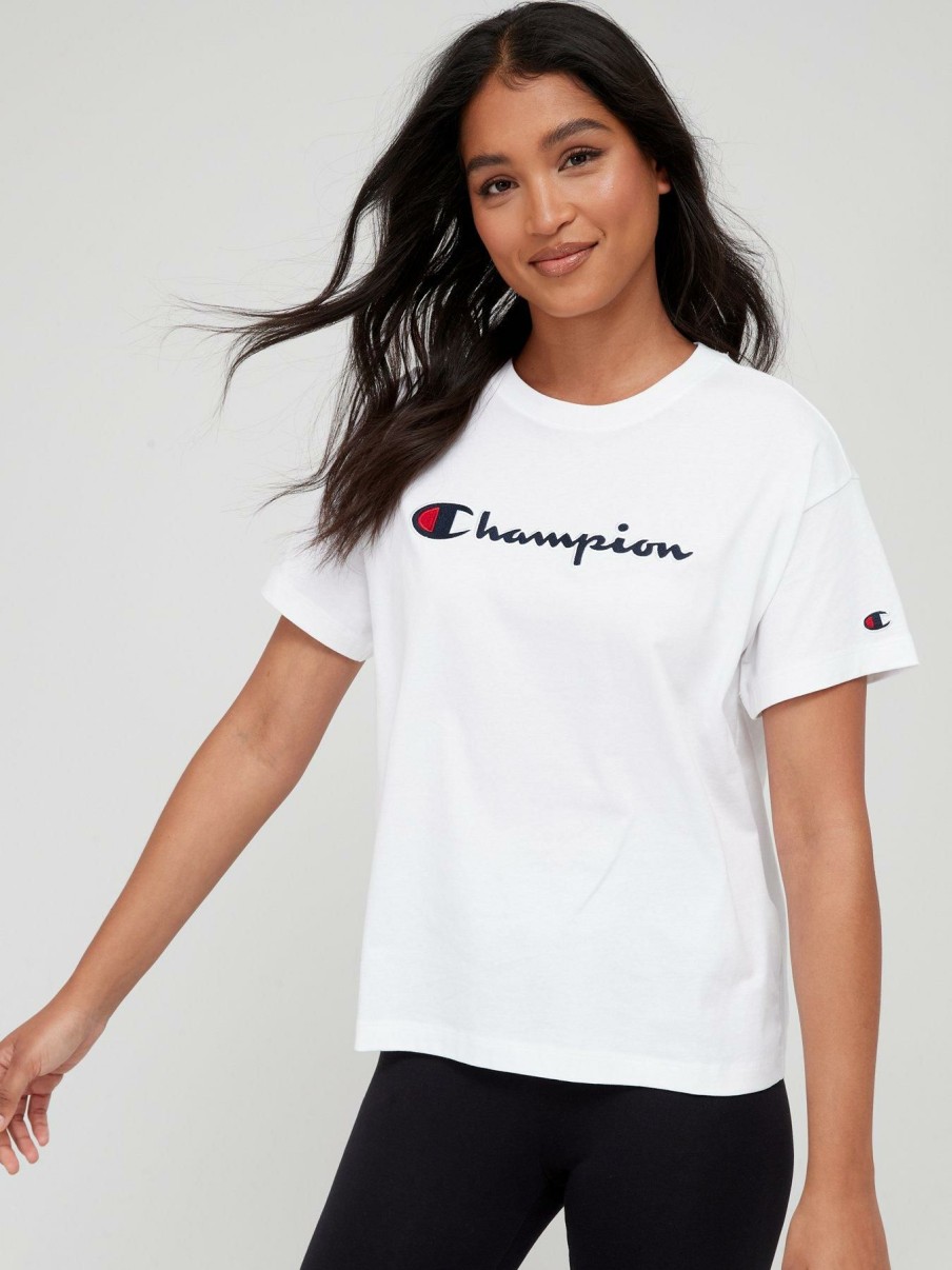 Tops & T-Shirts * | Champion Logo Boxy T-Shirt White