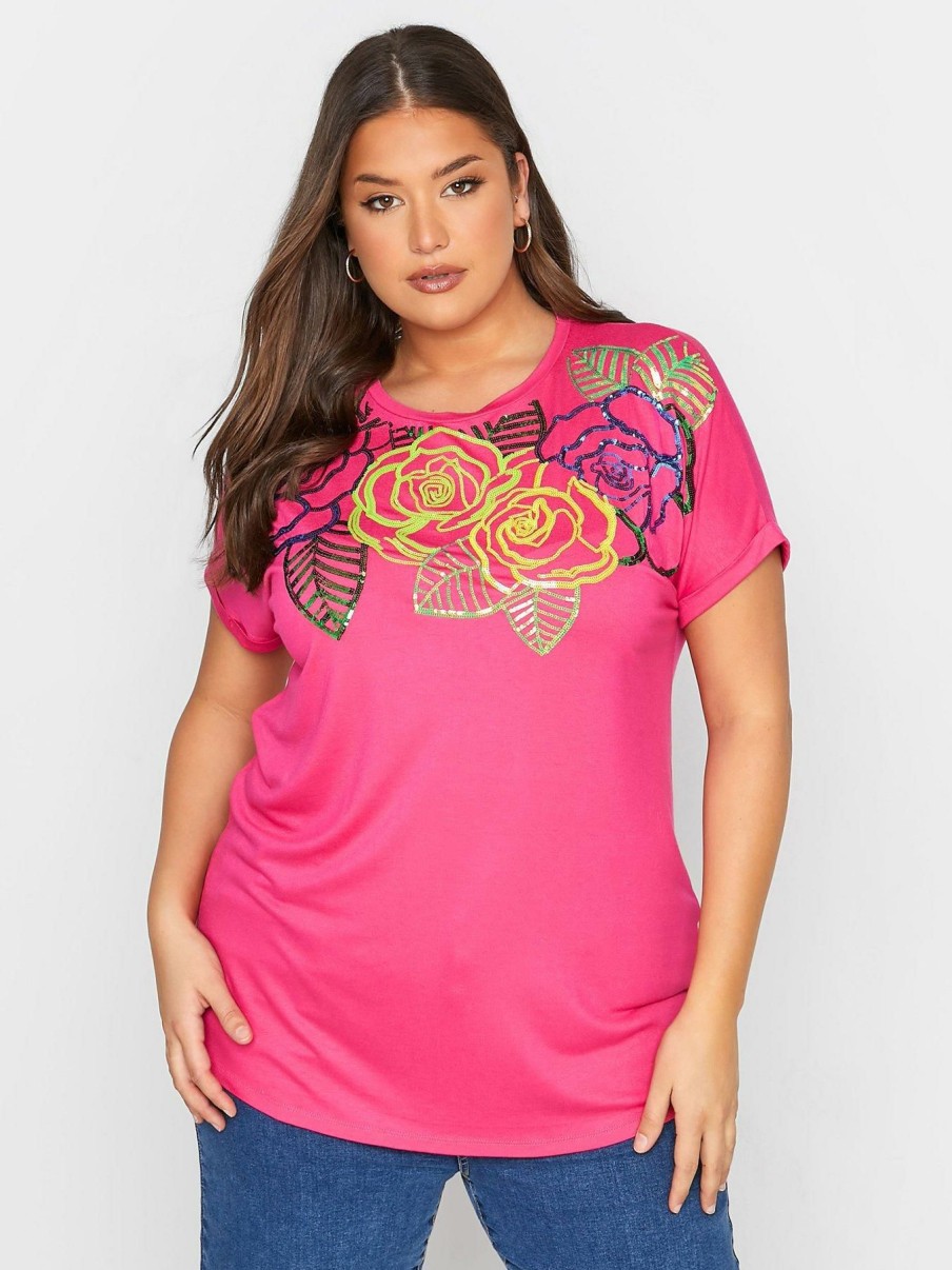 Tops & T-Shirts * | Yours Floral Neck Detail T-Shirt