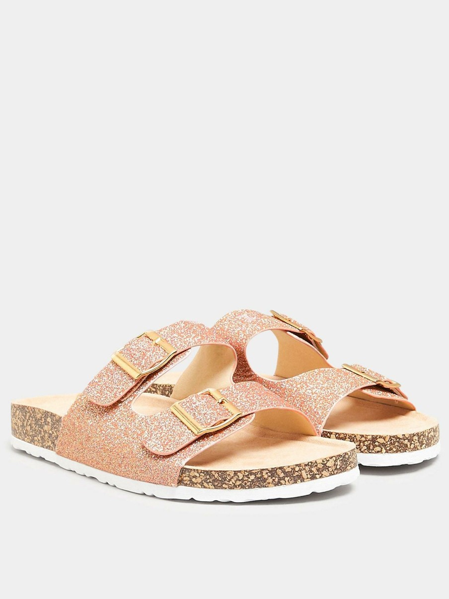 Shoes & Boots * | Yours Extra Wide Fit Buckle Footbed Glitter Sandal Pink