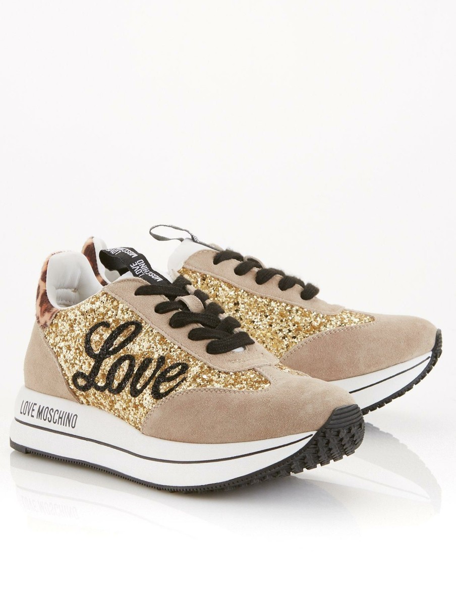 Trainers * | Love Moschino Glitter Love Wedge Trainers Gold