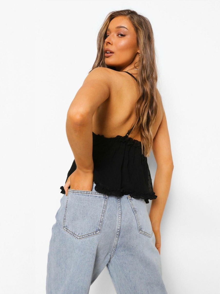 Tops & T-Shirts * | Boohoo Dobby Ruffle Cami Top Black