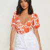 Tops & T-Shirts * | Boohoo Floral Print Wrap Puff Sleeve Bodysuit