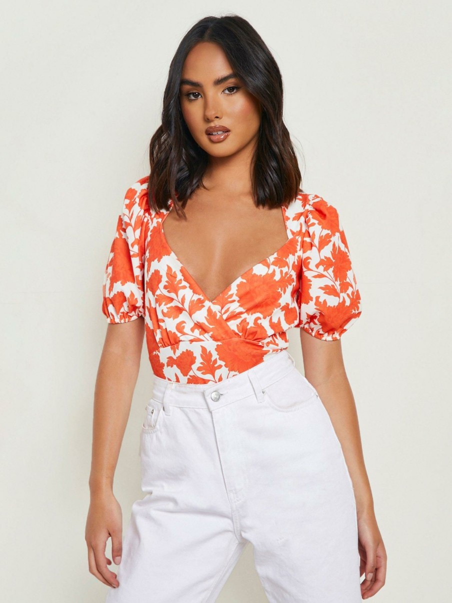 Tops & T-Shirts * | Boohoo Floral Print Wrap Puff Sleeve Bodysuit