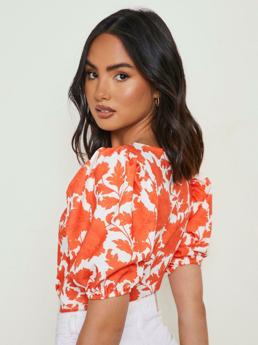 Tops & T-Shirts * | Boohoo Floral Print Wrap Puff Sleeve Bodysuit