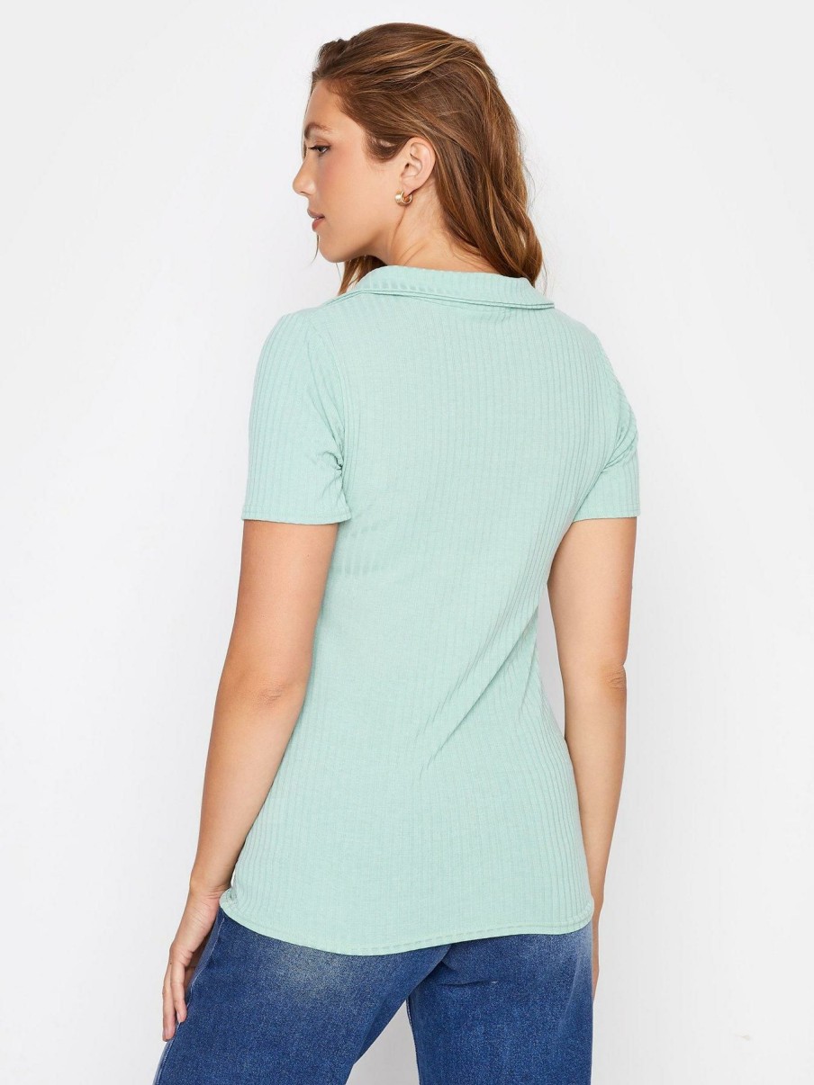 Tops & T-Shirts * | Long Tall Sally Ss Ribbed Polo Top Blue