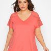 Tops & T-Shirts * | Yours Lace Yoke Bubble Hem. Coral