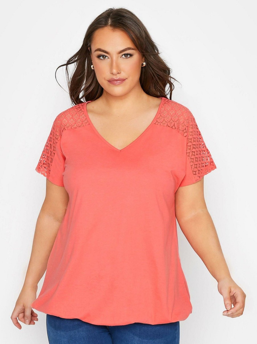 Tops & T-Shirts * | Yours Lace Yoke Bubble Hem. Coral