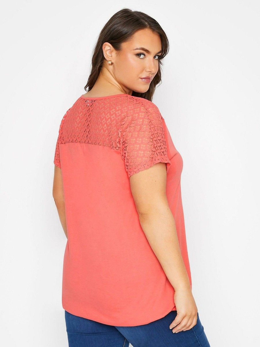 Tops & T-Shirts * | Yours Lace Yoke Bubble Hem. Coral