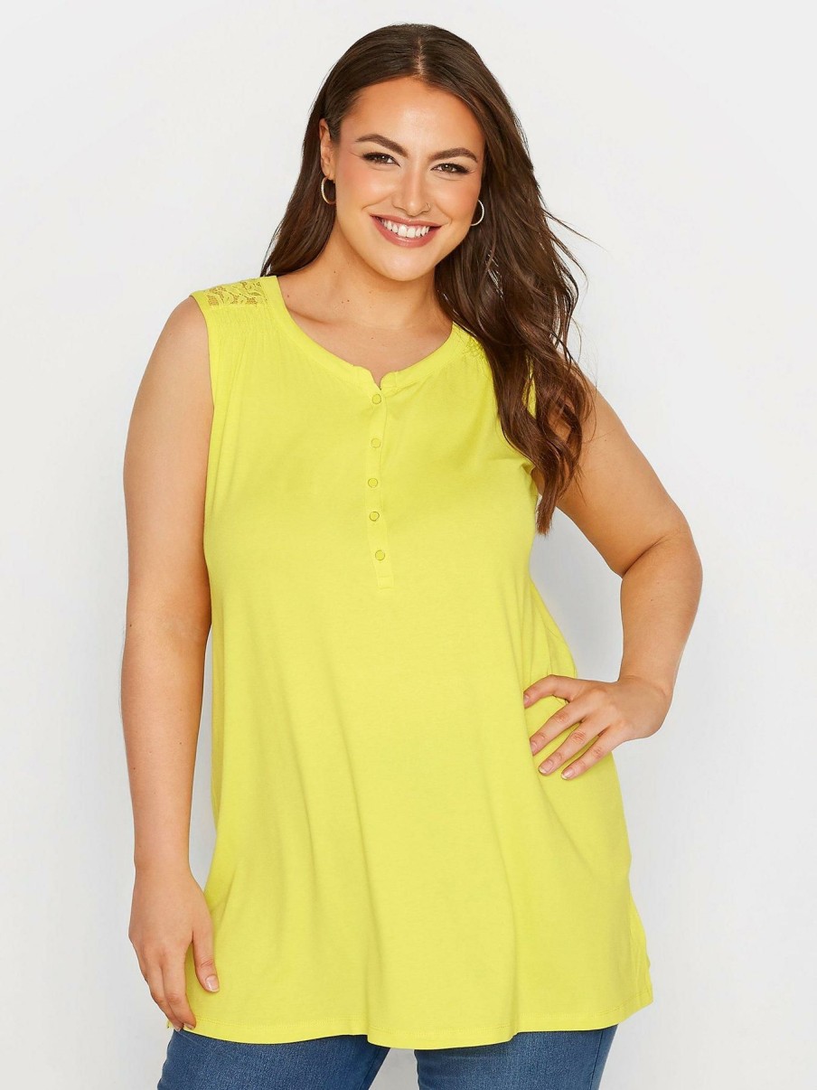 Tops & T-Shirts * | Yours Lace Yoke Placket Top Yellow