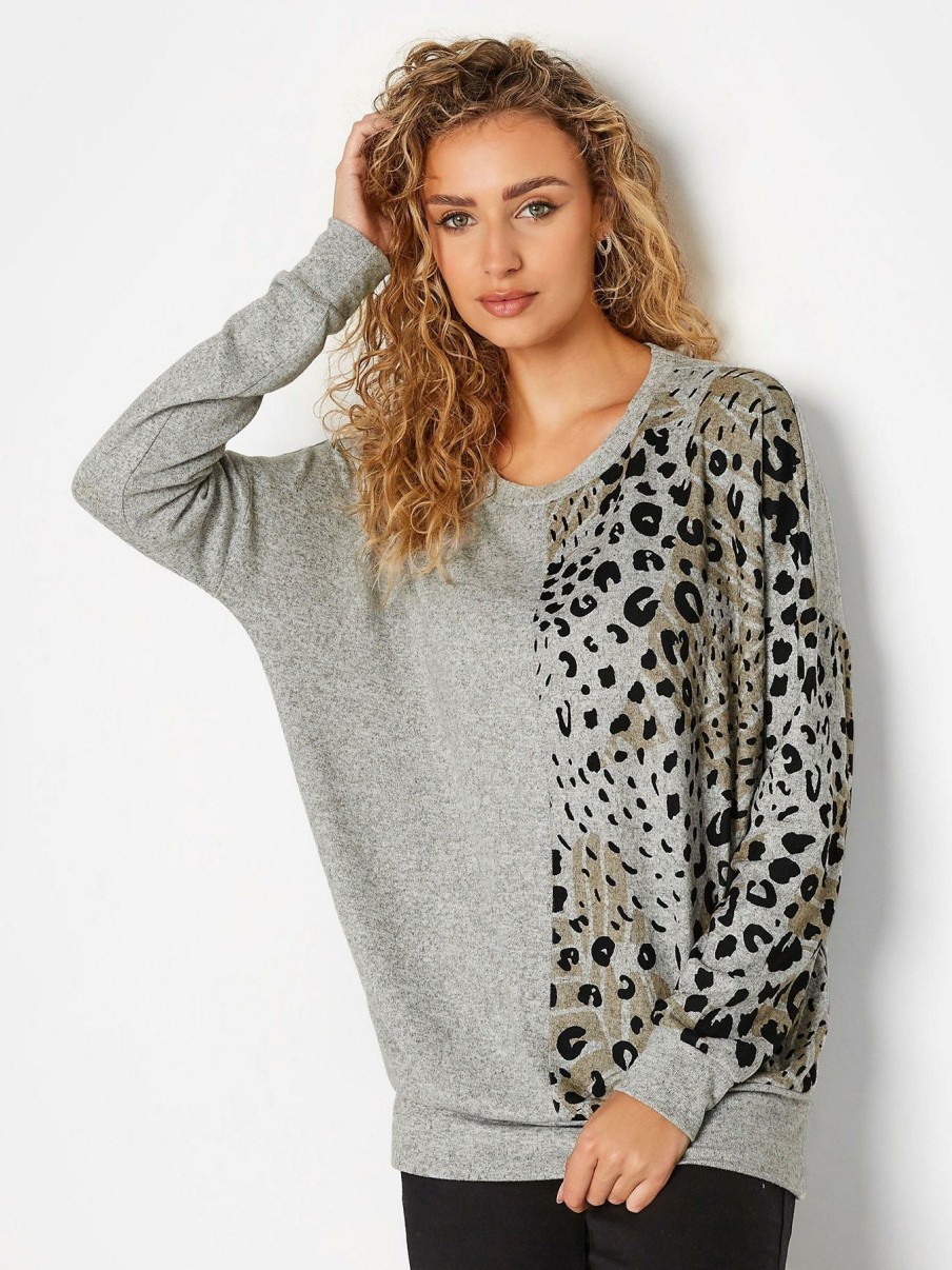 Tops & T-Shirts * | Long Tall Sally Long Tall Sally Grey Leopard Print Colourblock Top