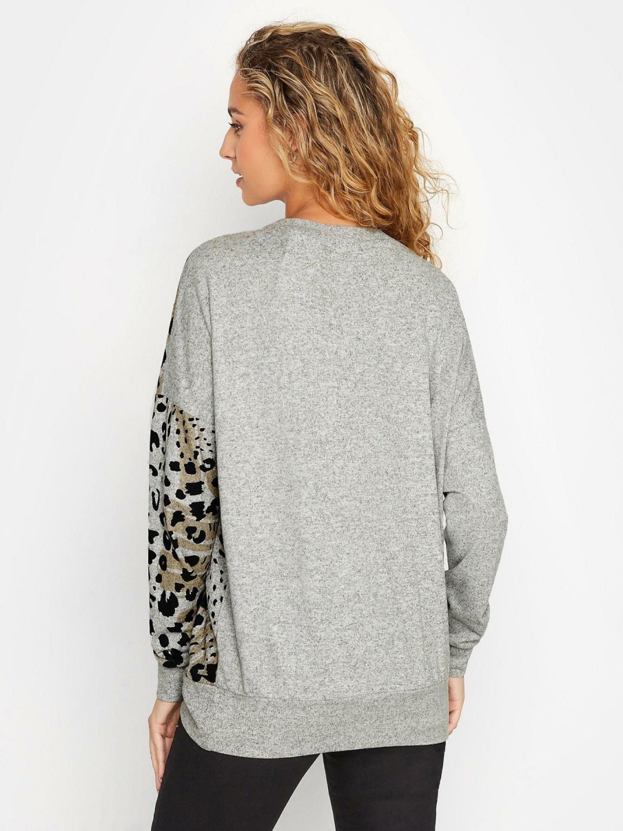 Tops & T-Shirts * | Long Tall Sally Long Tall Sally Grey Leopard Print Colourblock Top