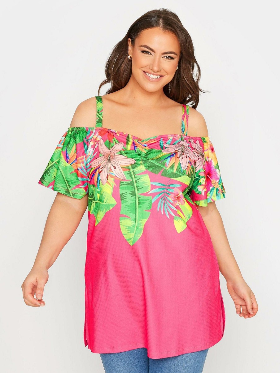 Tops & T-Shirts * | Yours Tropical Floral Bardot Top Pink