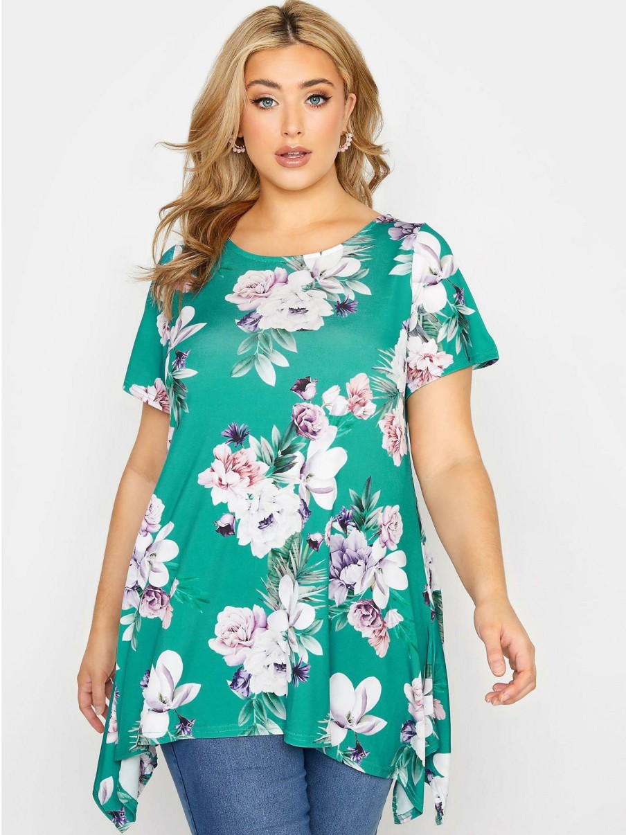 Tops & T-Shirts * | Yours London Floral Tab Back Hanky Hem