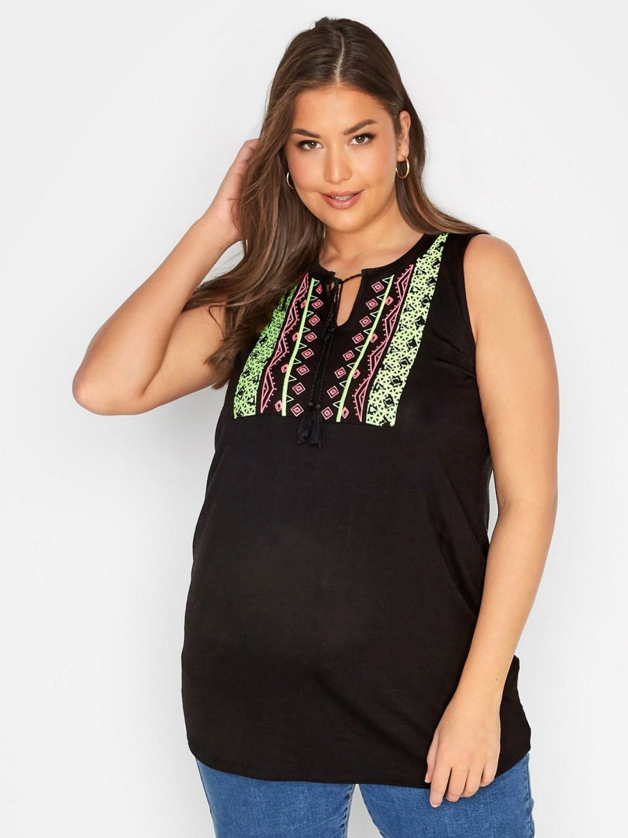 Tops & T-Shirts * | Yours Embroidered Top With Neck Trim Black