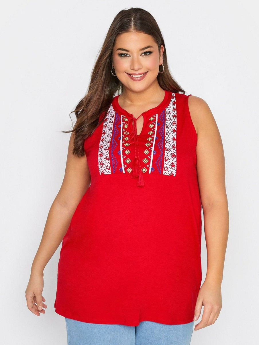 Tops & T-Shirts * | Yours Embroidered Top With Neck Trim Red