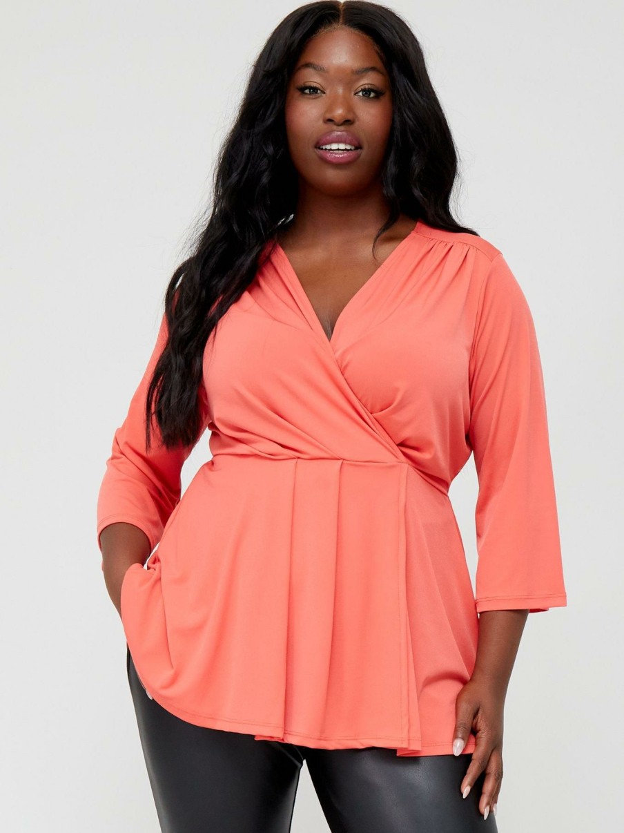 Tops & T-Shirts * | V By Very Curve Slinky Long Sleeve Drape Top Coral