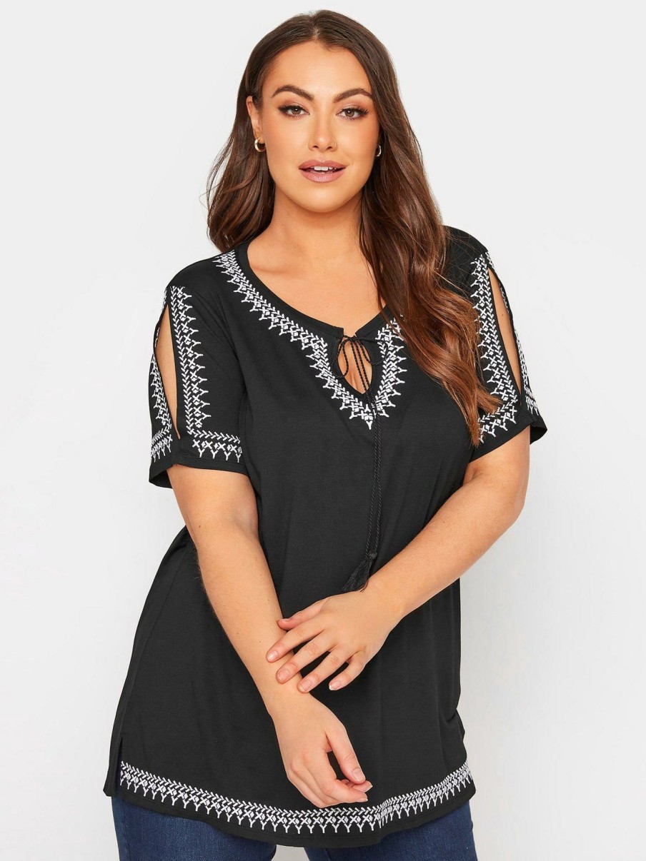 Tops & T-Shirts * | Yours Aztec Embroidered Cold Shoulder Top Black