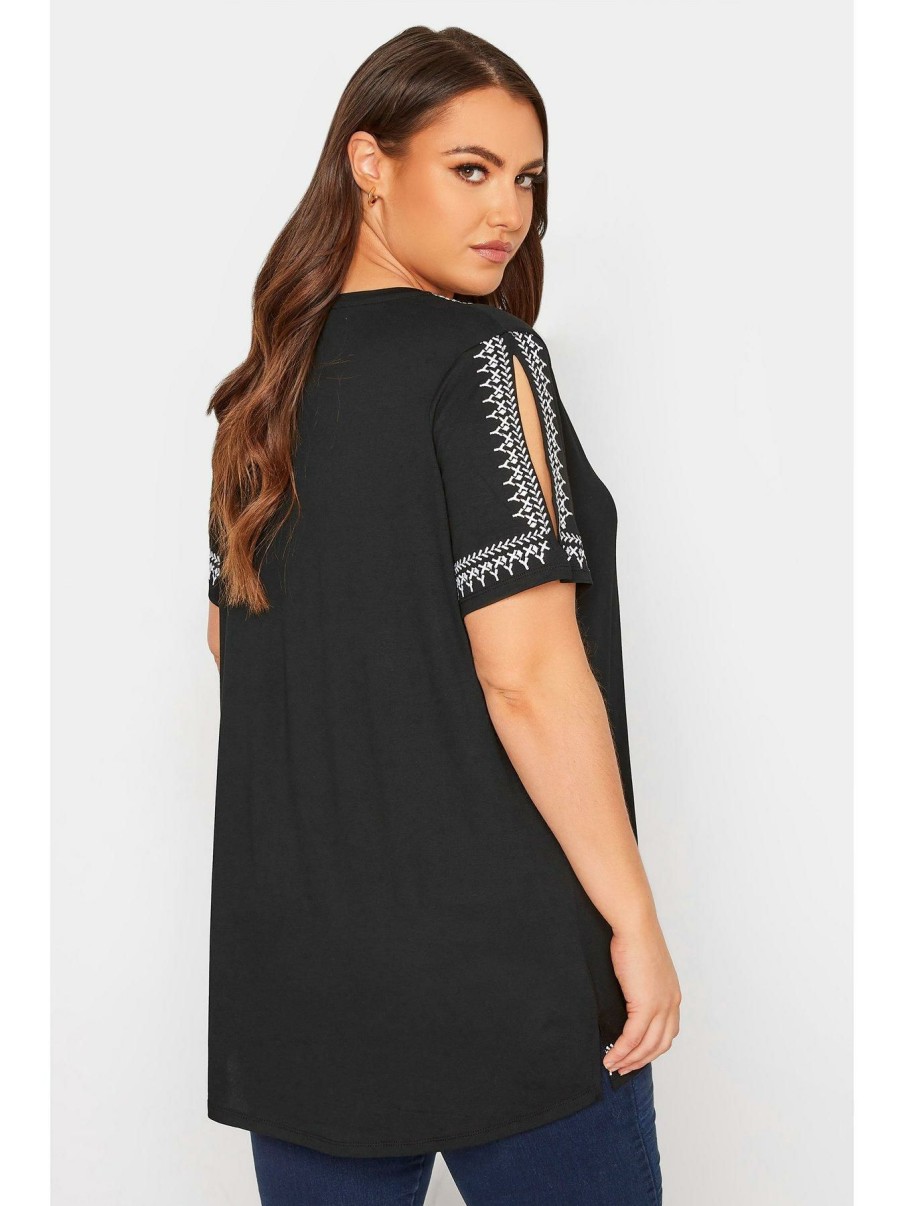 Tops & T-Shirts * | Yours Aztec Embroidered Cold Shoulder Top Black