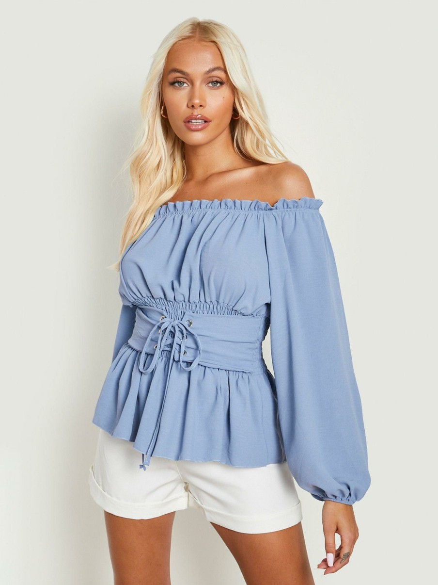 Tops & T-Shirts * | Boohoo Bardot Lace Up Waist Peplum Top