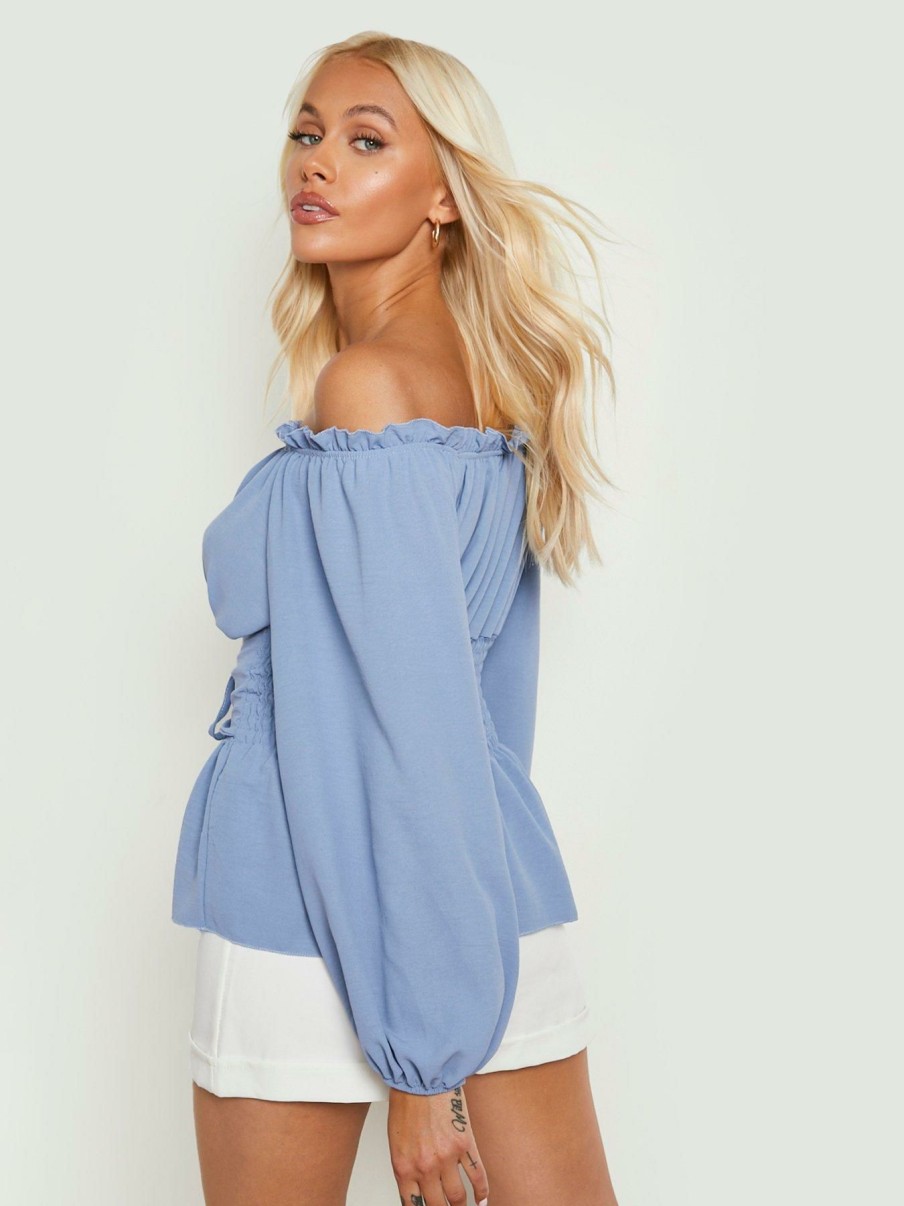 Tops & T-Shirts * | Boohoo Bardot Lace Up Waist Peplum Top