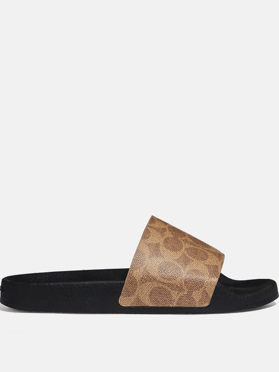 Flip Flops & Sandals * | Coach Udele Coated Canvas Sliders Tan