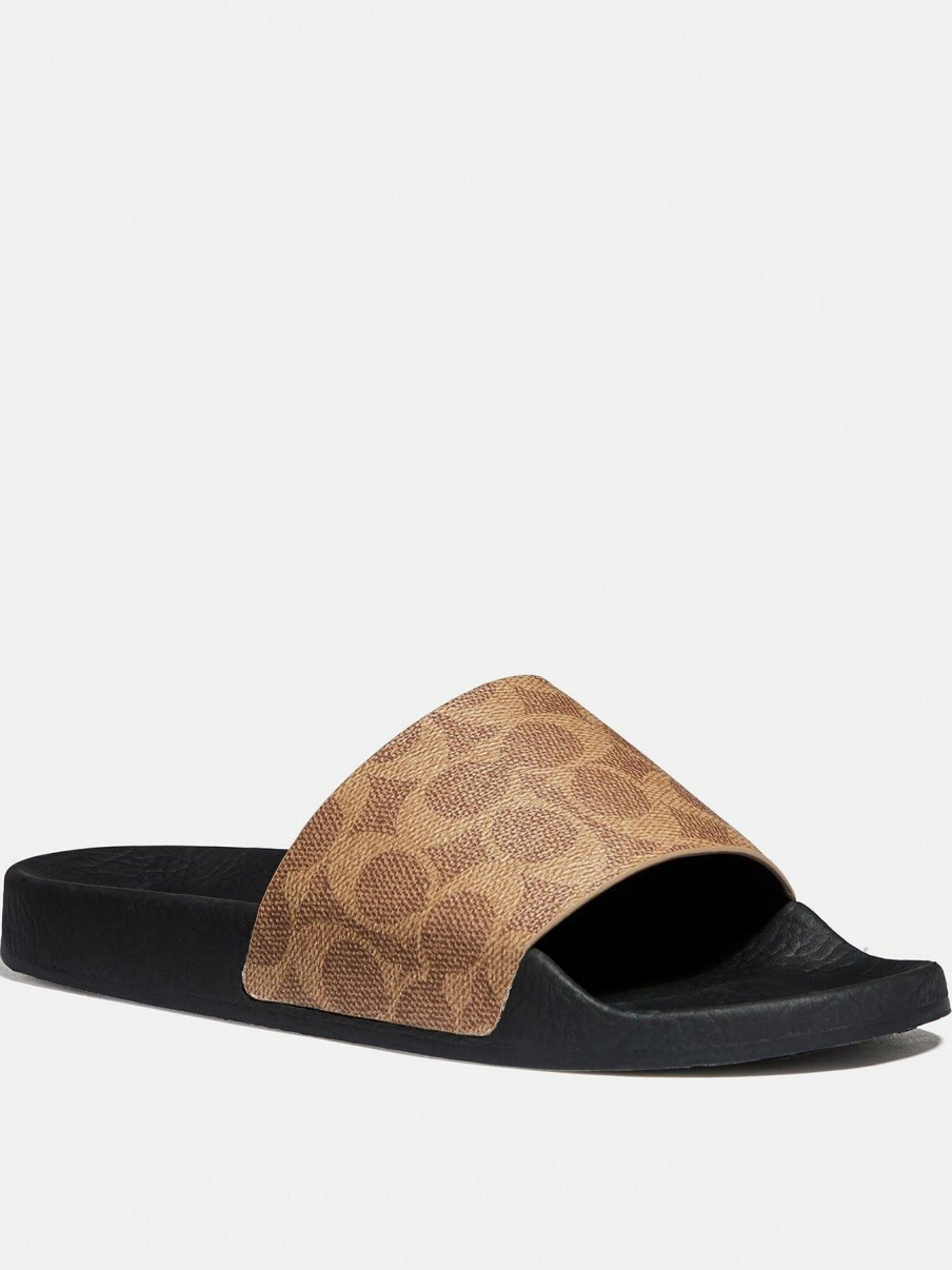 Flip Flops & Sandals * | Coach Udele Coated Canvas Sliders Tan