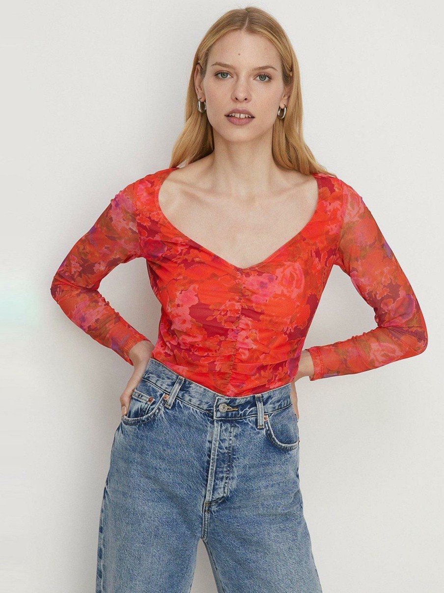 Tops & T-Shirts * | Oasis Floral Mesh Gauged Front Top Red