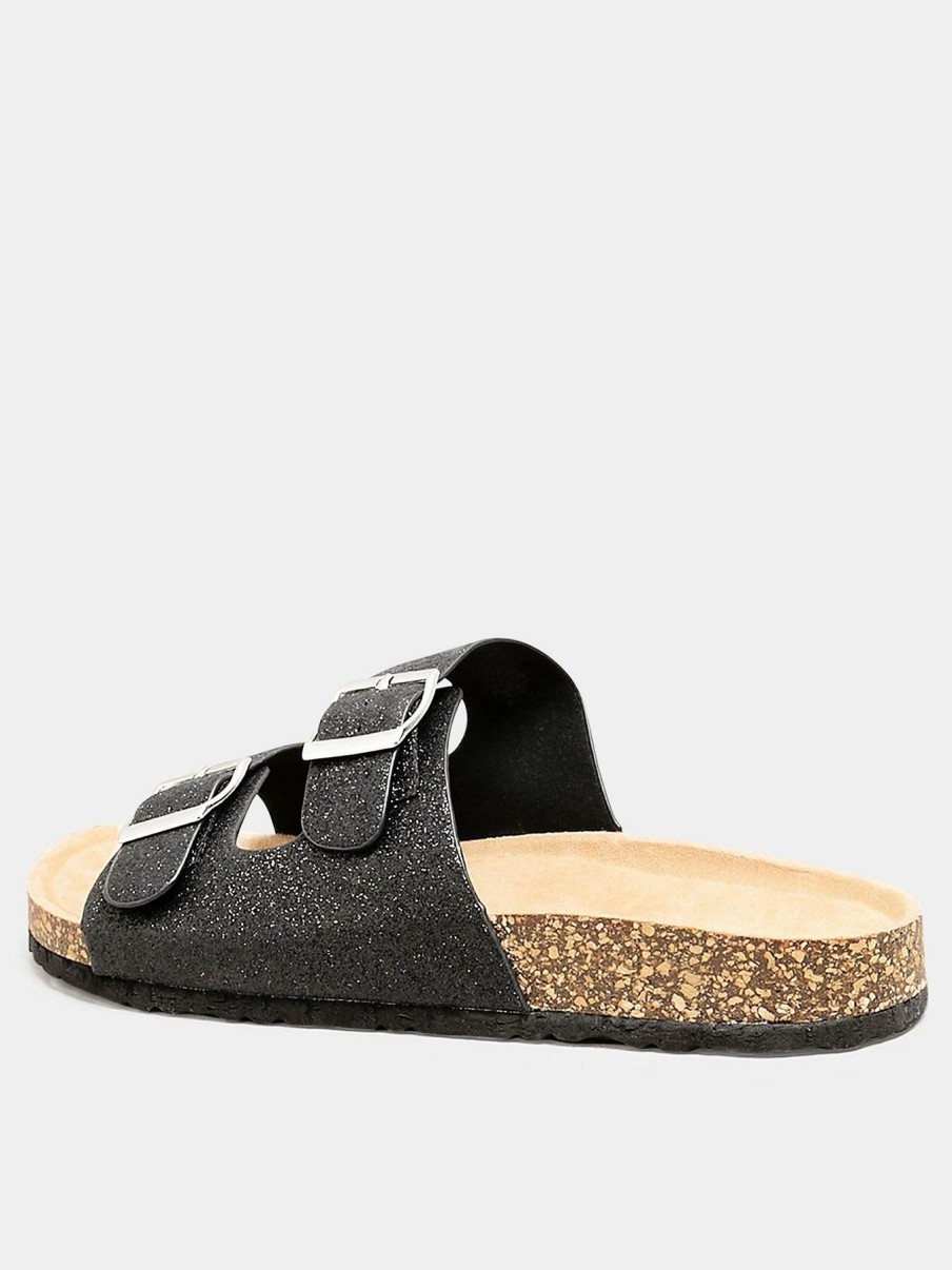 Shoes & Boots * | Yours Clothing Extra Wide Fit Buckle Footbed Glitter Sandal Black