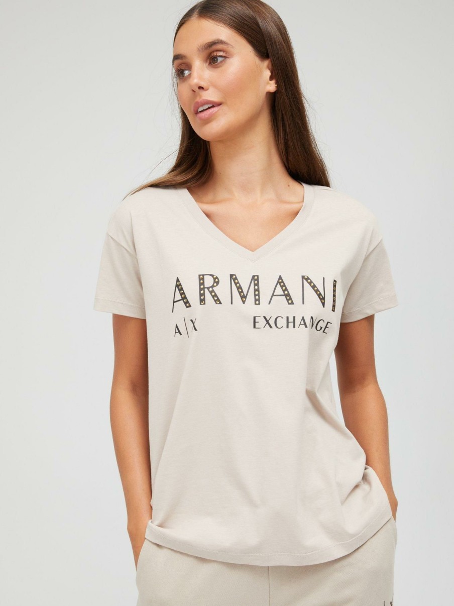 Tops & T-Shirts * | Armani Exchange Organic Cotton Logo V-Neck Tee Beige