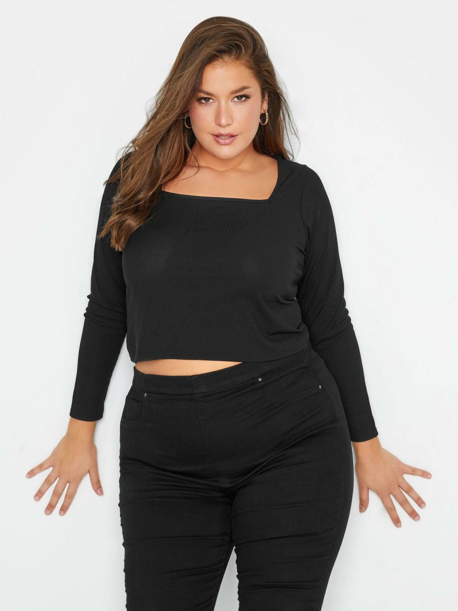 Tops & T-Shirts * | Yours Rib Square Neck Crop Top Black