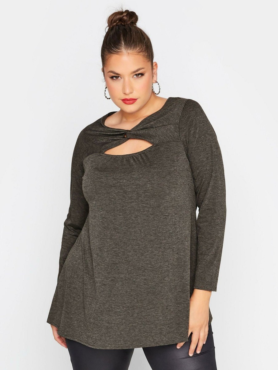 Tops & T-Shirts * | Yours Twist Front Top Charcoal Marl