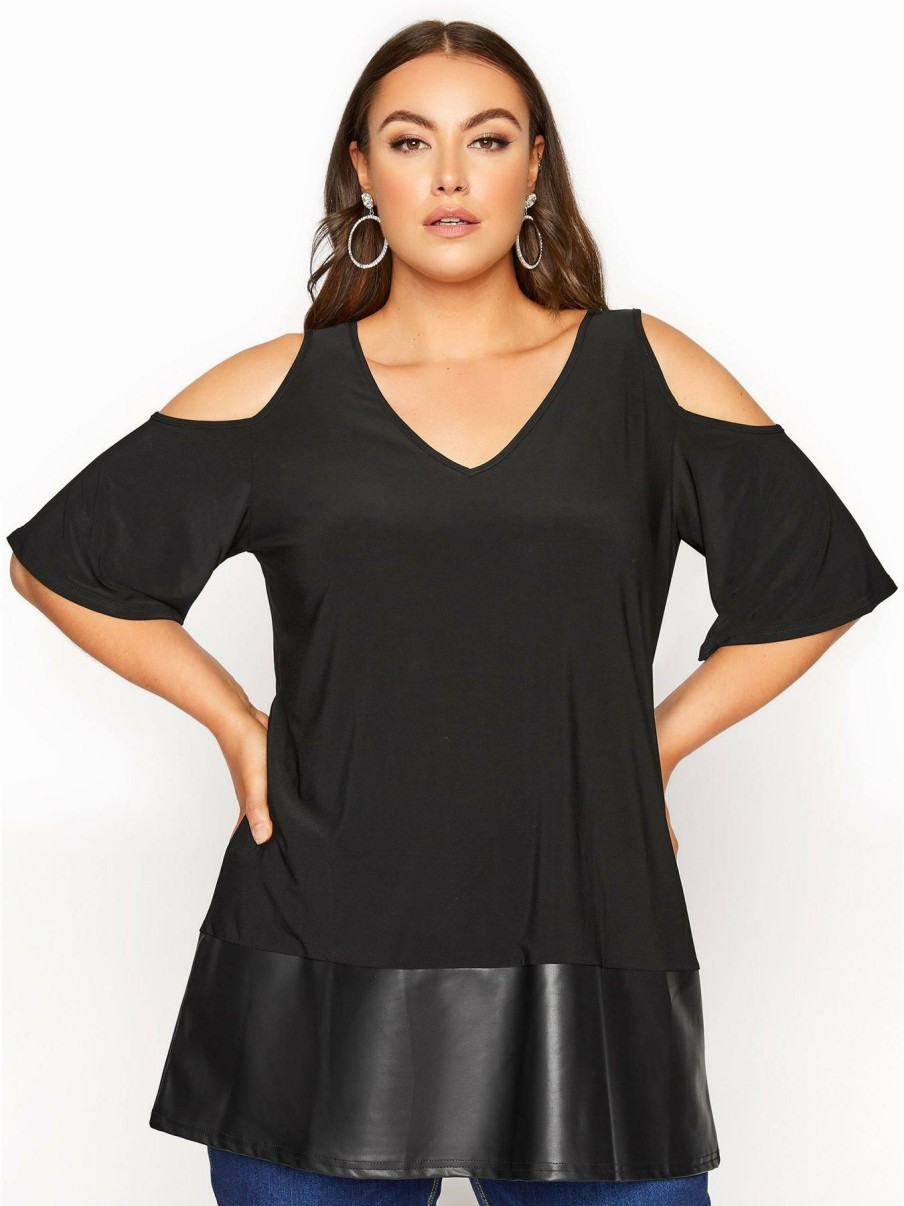 Tops & T-Shirts * | Yours London Pu Cold Shoulder Top Black