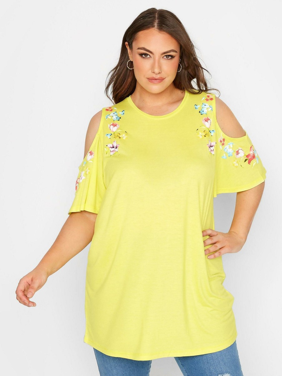 Tops & T-Shirts * | Yours Floral Detail Cold Shoulder Top Yellow