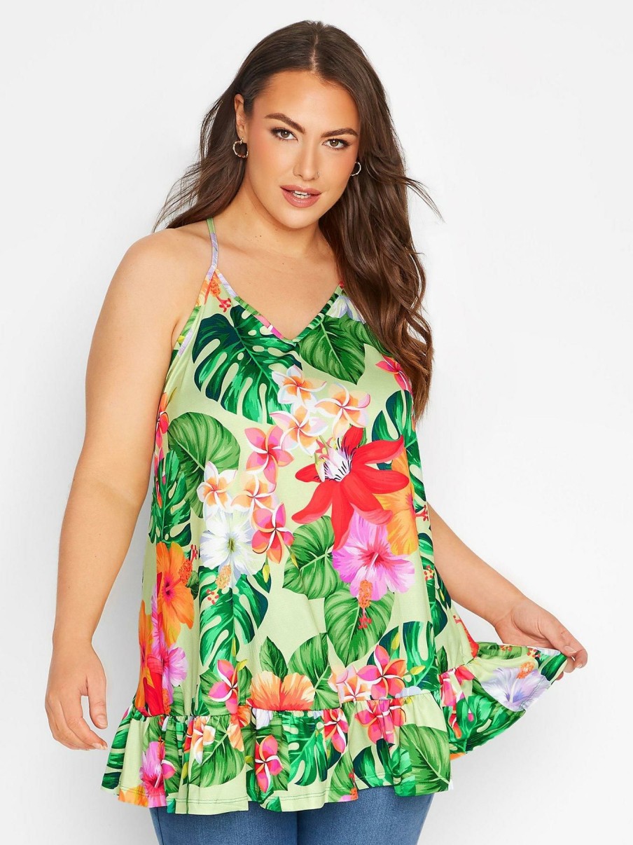 Tops & T-Shirts * | Yours Tropical Print Frill Hem Cami Top Green