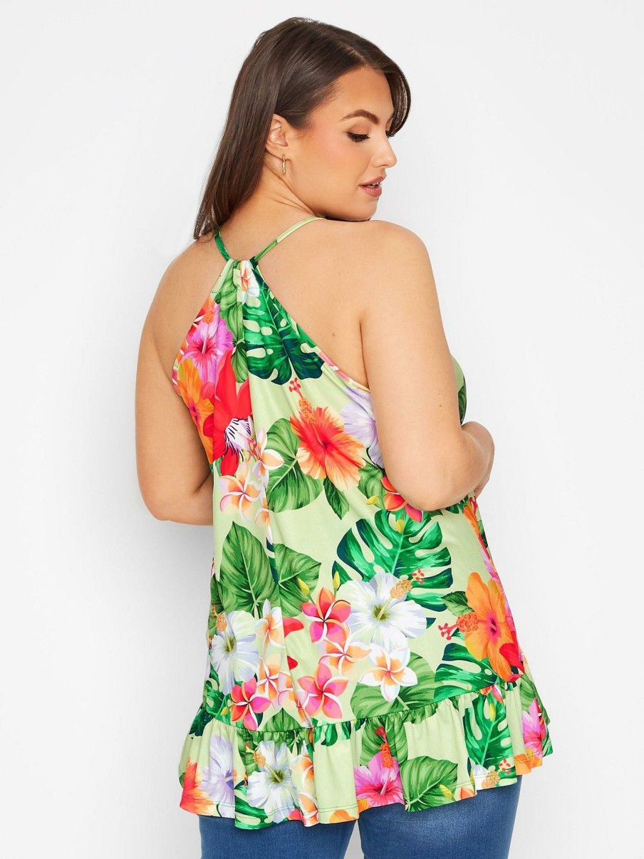 Tops & T-Shirts * | Yours Tropical Print Frill Hem Cami Top Green