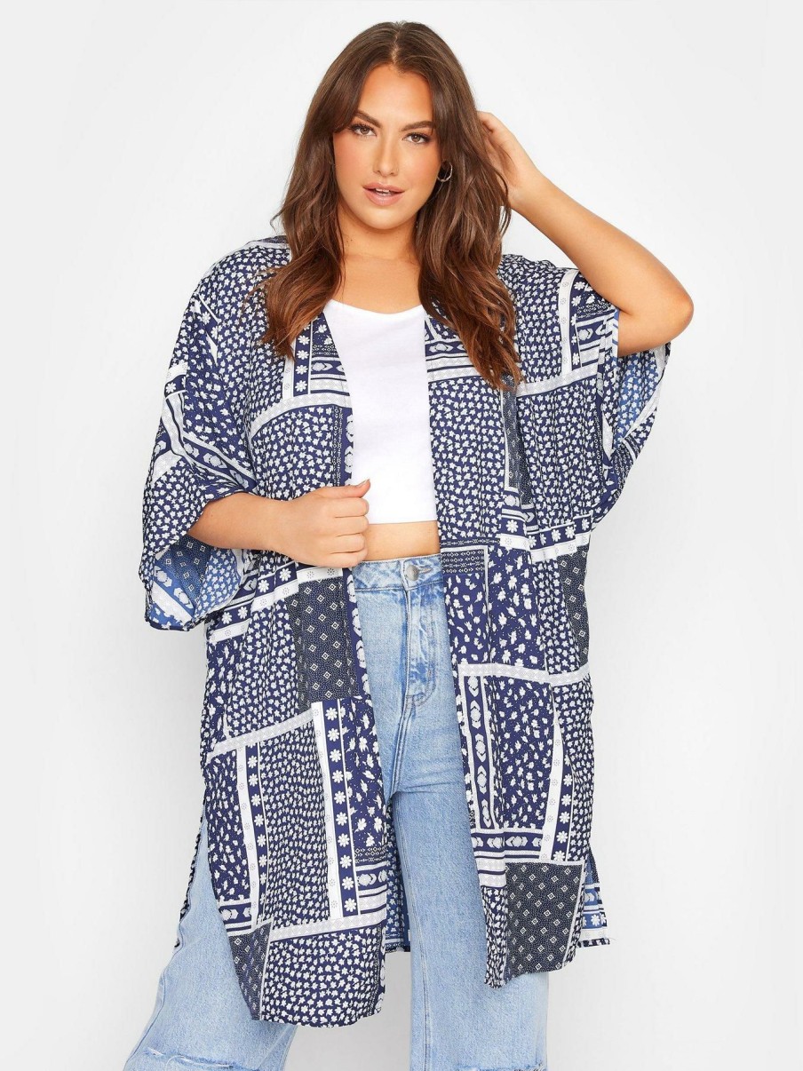 Tops & T-Shirts * | Yours Throw On Cover Up Navy Patchwork